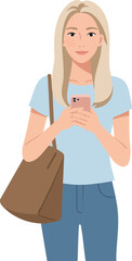 Fototapeta premium Young woman using smartphone with brown shoulder bag casual outfit vector illustration 