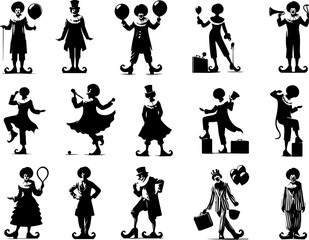 Vector sketch illustration collection of silhouette sketches of cute, cheerful, funny clown designs with creepy-faced event entertainers