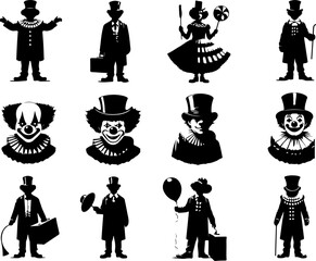 Vector sketch illustration collection of silhouette sketches of cute, cheerful, funny clown designs with creepy-faced event entertainers
