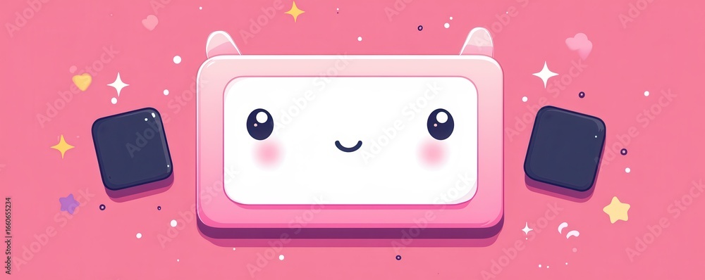 Poster cute pink cartoon character with a happy face on a soft rectangular card with rounded corners