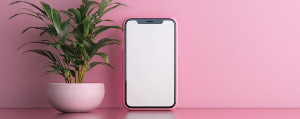 Sleek pink iPhone with blank white screen on textured pink surface capturing modern technology aesthetics