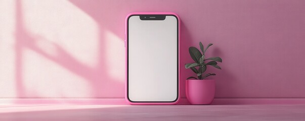 Pink smartphone with blank white screen set against a soft pink background perfect for design mockups and online advertisements