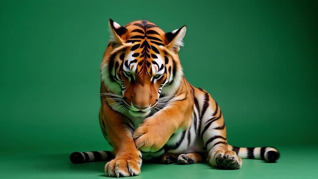 Majestic tiger with tongue out poses for camera, a powerful symbol of nature's raw beauty and untamed spirit captured in dynamic video.