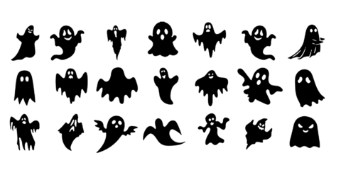 halloween ghost vector illustration featuring a set of unique silhouettes of ghost designs. Perfect for Halloween, this set includes traditional and abstract ghost, pumpkins and skeleton hands