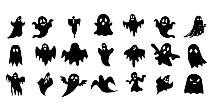 halloween ghost vector illustration featuring a set of unique silhouettes of ghost designs. Perfect for Halloween, this set includes traditional and abstract ghost, pumpkins and skeleton hands