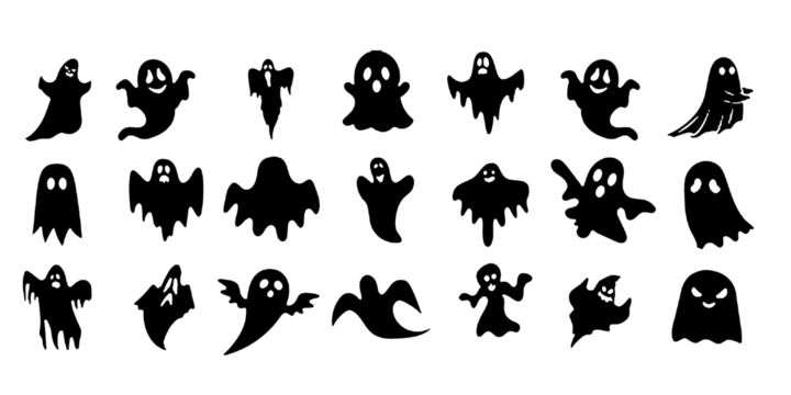 halloween ghost vector illustration featuring a set of unique silhouettes of ghost designs. Perfect for Halloween, this set includes traditional and abstract ghost, pumpkins and skeleton hands