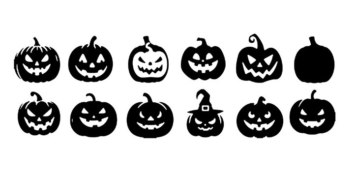 Halloween pumpkin vector set, spooky jack o lantern faces, carved pumpkins, scary expressions, Halloween decoration, pumpkin silhouettes, creepy designs, October festivities, Halloween graphics