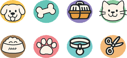 collection of pet care icons created in a hand-drawn