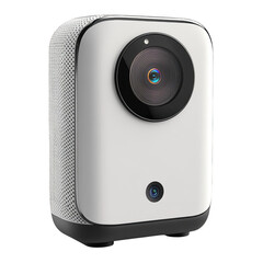 Obraz premium Modern white portable projector with textured side panel and black lens isolated on transparent background