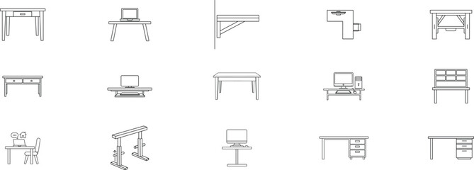 Striking Collection of Minimalist Line Icons Featuring Diverse Desk Designs for Home and Office Use in Black Outline Style