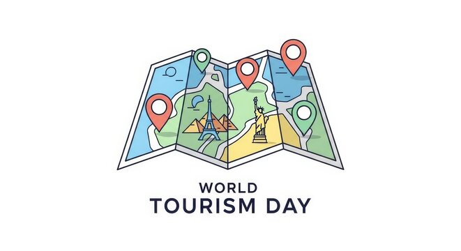 World Tourism Day Illustration with Map and Landmarks.