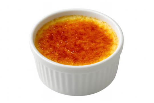 Delicious crème brûlée in a white ramekin on transparent background