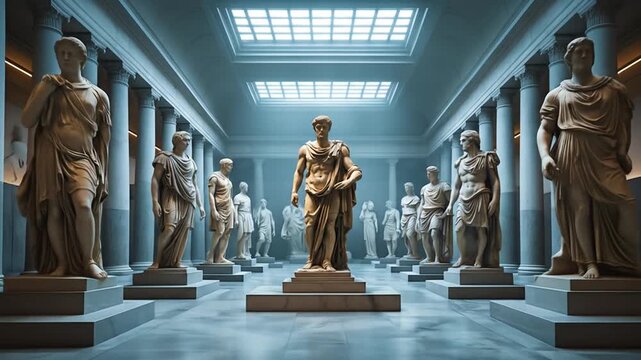 Majestic Museum Hall with Classical Sculptures and Architectural Columns