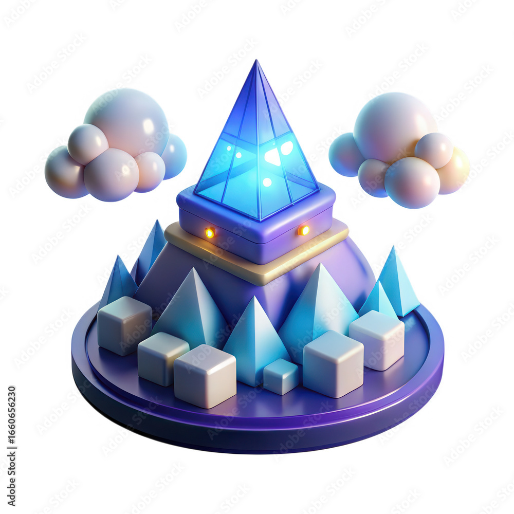 Poster futuristic glowing pyramid structure with clouds on transparent background isolated on transparent b