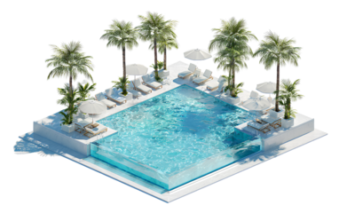 a realistic pool with palm trees and sun loungers on a transparent background. 