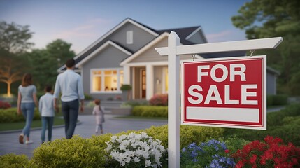 For Sale sign is in the foreground with a modern house with family