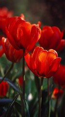 Obraz premium Vibrant red tulips full bloom under sunlight bold floral vertical background