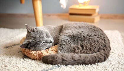 Grey cat sleeping on a rug