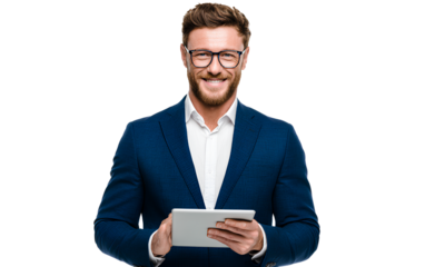 A smiling businessman in glasses, holding an iPad and wearing business attire, isolated on a transparent background.