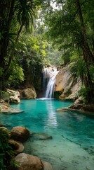 Fototapeta premium Waterfall cascading into turquoise lagoon surrounded by lush greenery vertical mobile wallpaper
