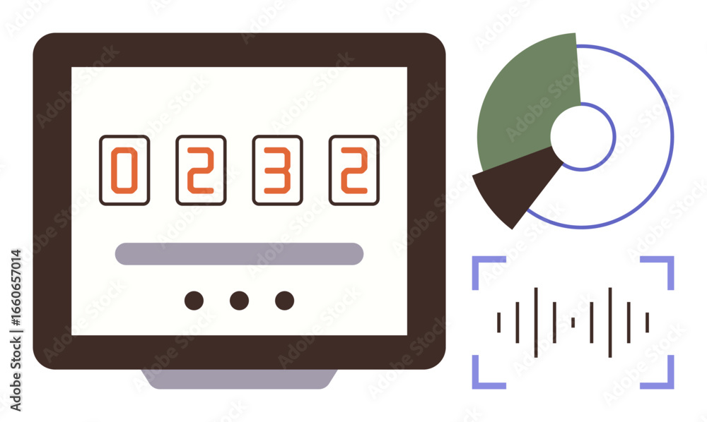 Poster monitor with numerical counter, pie chart, and sound wave diagram. ideal for data analysis, statisti