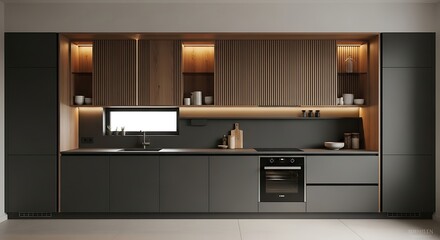 Fototapeta premium Architectural Dark Kitchen Interior with Warm Backlit Wood Shelving and Sleek, Handleless Design.