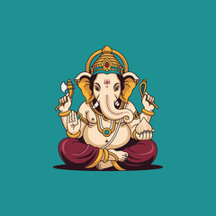 A stylized illustration of the Hindu deity Ganesha, depicted in a seated meditative pose, holding his symbolic attributes.