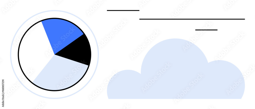 Aufkleber pie chart divided into segments beside a cloud icon with dynamic lines. ideal for data analysis, rep