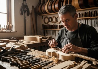 Gray haired man luthier creating new violin. Caucasian craftsman with woodworking tools. Wood dust in workshop.
