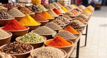 Colorful spice bowls at a market. Traditional eastern bazaar stall with various aromatic condiments for cooking and culinary.
