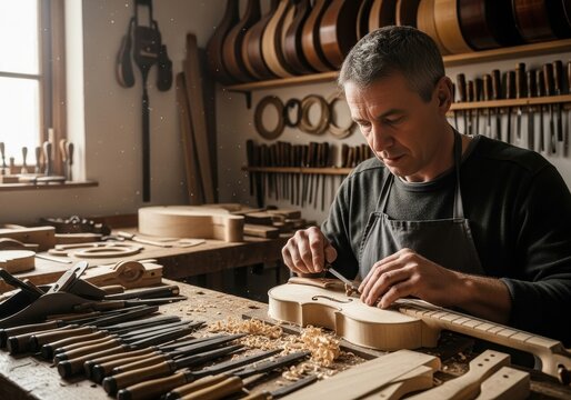 Gray haired man luthier creating new violin. Caucasian craftsman with woodworking tools. Wood dust in workshop.