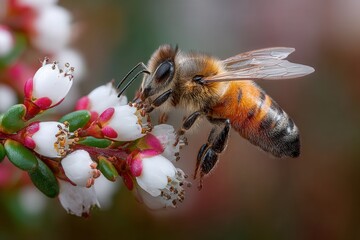 Fototapeta premium Close-up of a bee on a flower, macro lens, nature's hard work 