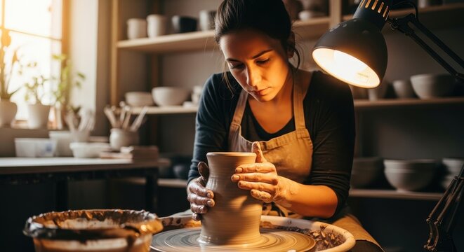 Woman potter at pottery wheel shaping clay vessel in workshop. Creative craft activity with ceramic material for hobby or artistic work.