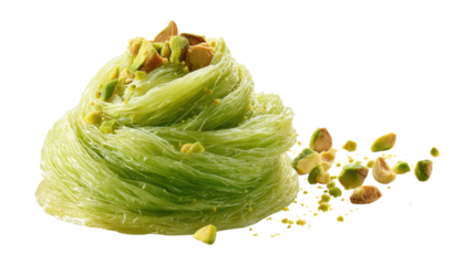 Delicious Turkish dessert pistachio kadayif. Burma kadayif isolated on a white background