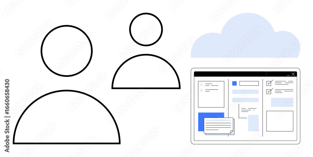 Poster user icons connected to a cloud and an online workspace interface illustrate teamwork, remote collab