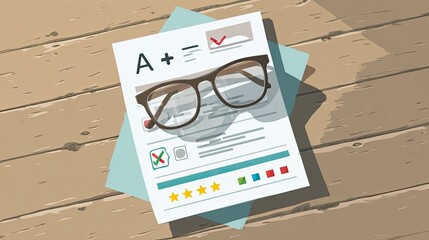 High Achieving Student Grade Report Card With Eyeglasses On Wooden Surface Detailed Top View Illustration Of An Excellent Exam Result, Featuring A