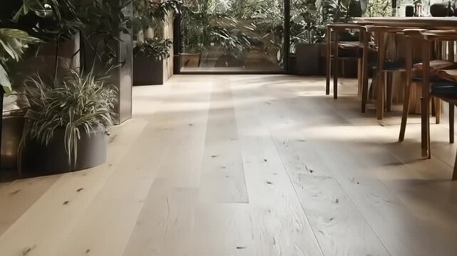 Light-colored wooden floor planks in a modern dining area with greenery.