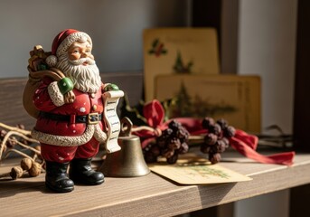 Ceramic Santa Claus figurine stands on a wooden shelf next to a Christmas bell. Holiday decoration for Christmas and New Year.