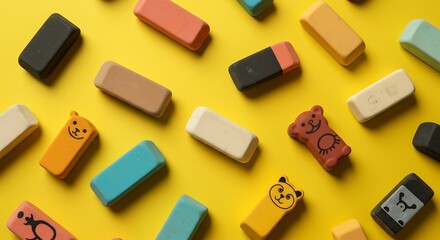 Obraz premium Flat lay open space of assorted erasers with worn edges