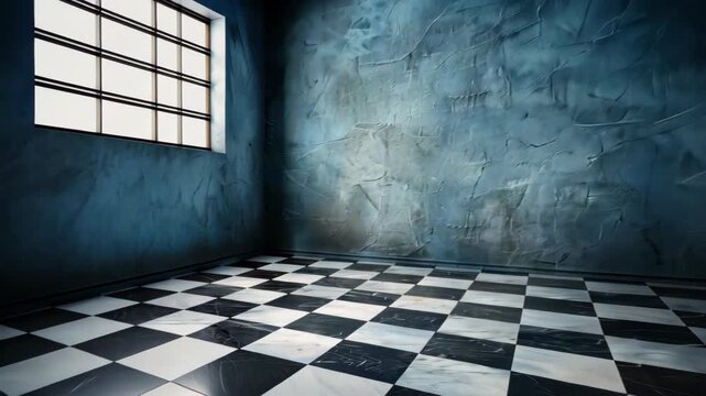 Empty Room with Black and White Tile: A stark, moody interior reveals an empty room with a checkered tile floor, an aged blue wall.