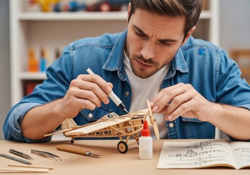 A man meticulously assembling a balsa wood airplane model. Hobby skill, craft, and diy project. Leisure activity for christmas holiday.