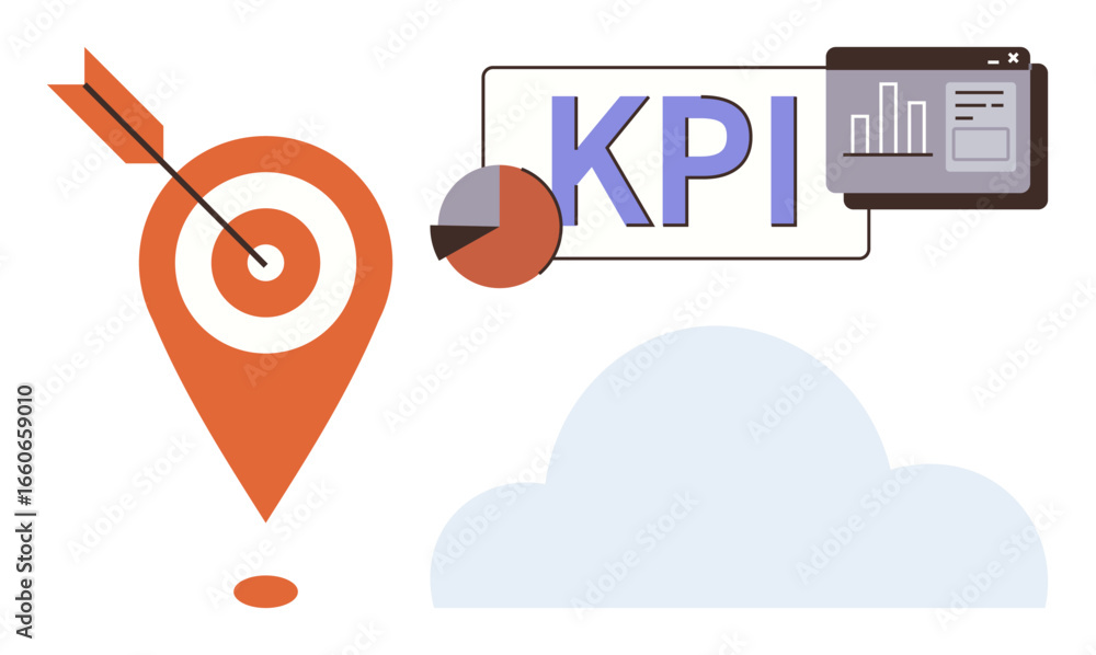 Poster arrow hitting location pin target, kpi dashboard with data charts, pie chart, and floating cloud. id