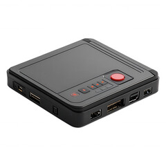 Fototapeta premium Compact black portable electronic device with multiple ports and a prominent red button isolated on transparent background