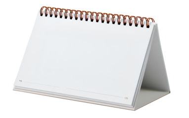 A white desk calendar with an open page on the front, transparent background PNG file
