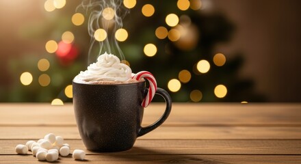 Hot chocolate in a mug with whipped cream and candy cane. Warm drink for winter holiday season. Cozy christmas mood.
