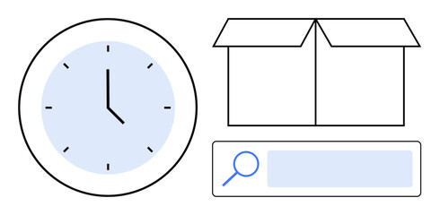 Analog clock with blue face, open cardboard box, magnifying glass with search bar. Ideal for time management, productivity, search, organization, logistics, discovery simple landing page