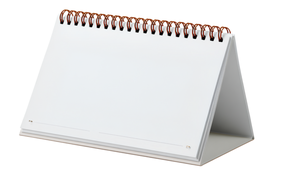 A white desk calendar with an open page on the front, transparent background PNG file 