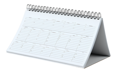 A white desk calendar with an open page on the front, transparent background PNG file