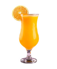 Realistic glass of fresh orange juice with orange slice isolated on a white background