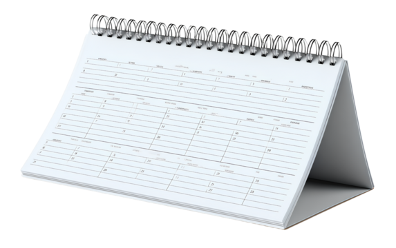 A white desk calendar with an open page on the front, transparent background PNG file